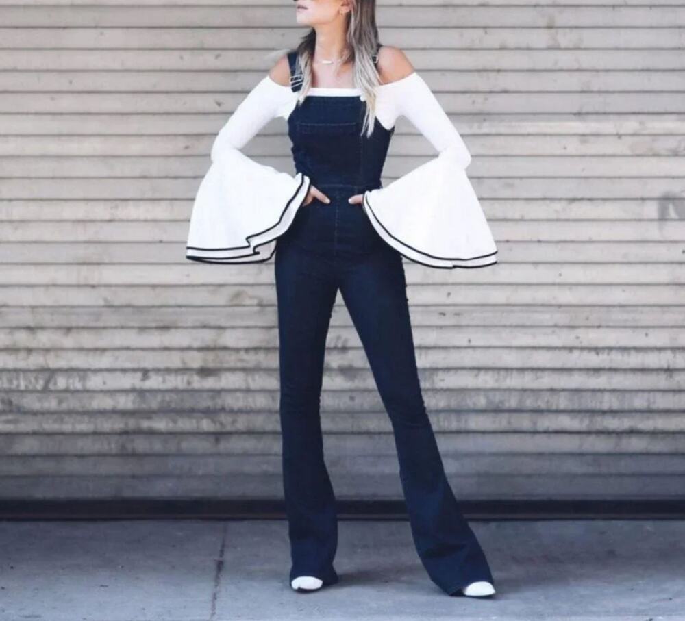 Torn By Ronny Kobo Kick Flare Overalls US 26 Bib Black Denim Boho Classic